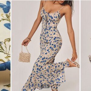 Commense Blue Floral Midi Dress on Cream